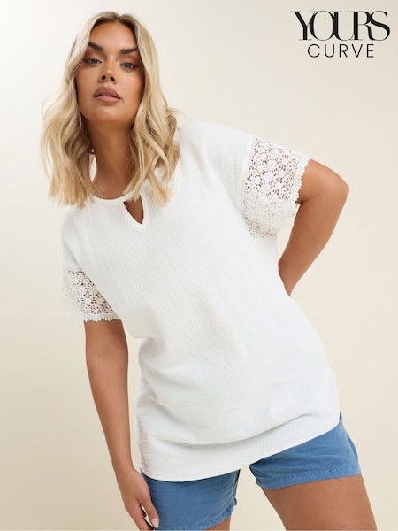 Yours Curve White Crochet Cheesecloth 100% Cotton T-Shirt (H16569) | £29