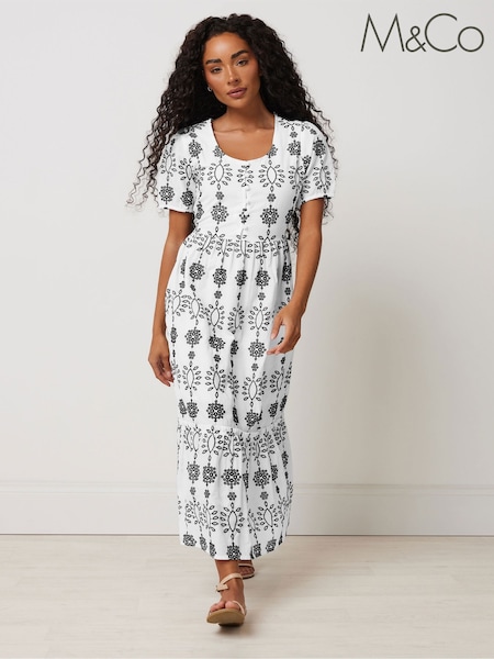 M&Co White Petite Embroidery Button 100% Cotton Dress (H16614) | £54