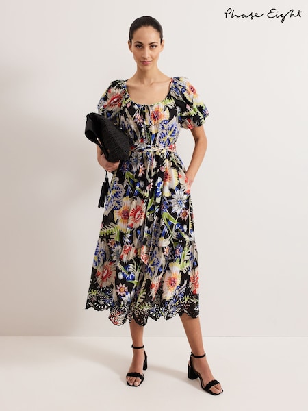 Phase Eight Black 100% Cotton Asa Floral Dress (H16639) | £139