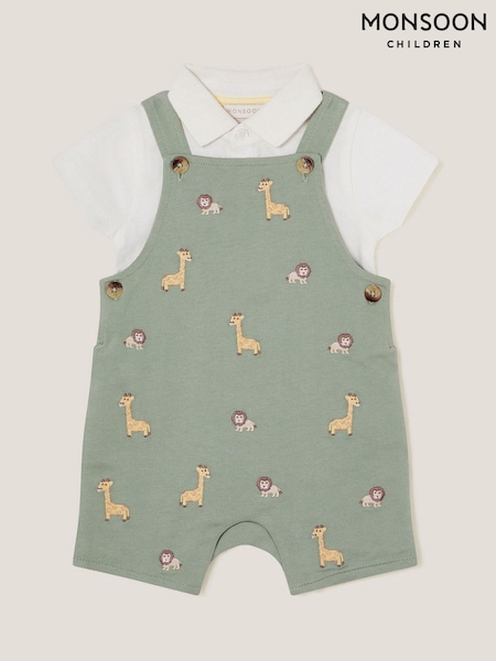 Monsoon Green Newborn Giraffe 100% Cotton Dungarees Set (H16706) | £30