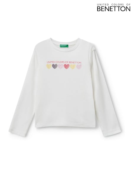 Benetton Girls Glitter Print Long Sleeve White T-Shirt (2-6 yrs) (H16716) | £12