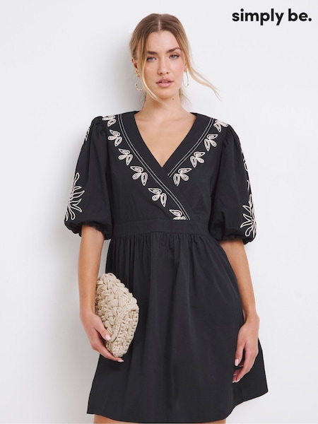 Simply Be Black Embroidered Poplin Wrap Dress (H16840) | £55