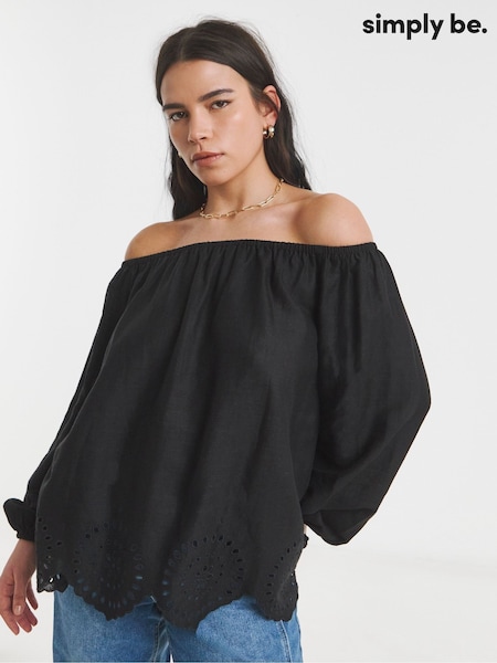 Simply Be Black Cutwork Linen Bardot Top (H16846) | £38