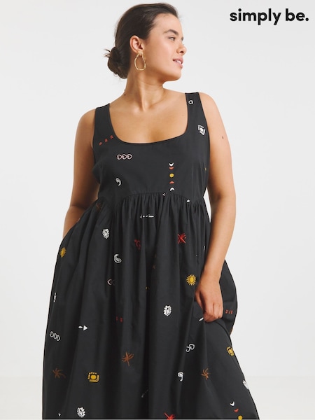 Simply Be Black Embroidered Midi Apron 100% Cotton Dress (H16857) | £52