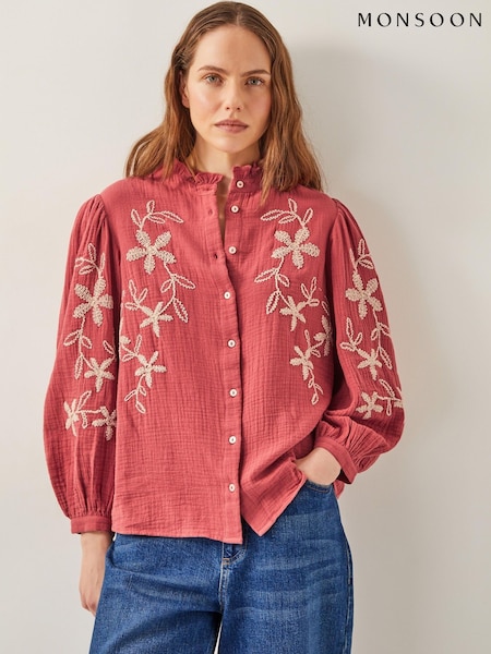 Monsoon Red Bridget Embroidered 100% Cotton Blouse (H16904) | £65