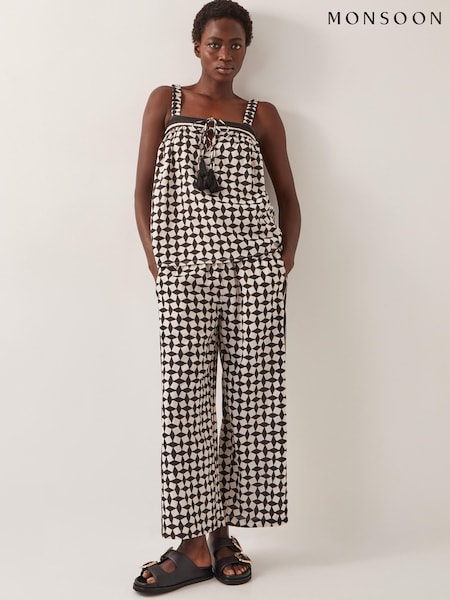 Monsoon Black Geena Geometric Print Wide Leg Trousers (H16913) | £49