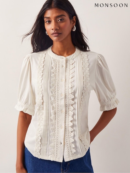 Monsoon Natural Lia Lace Puff-Sleeve 100% Cotton Blouse (H16915) | £49