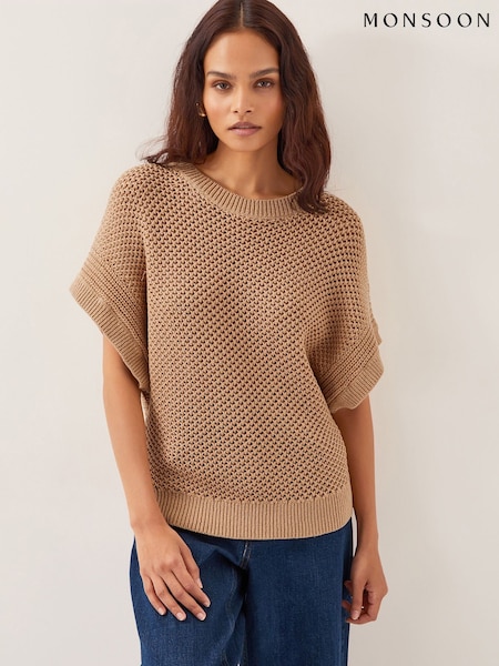 Monsoon Brown Sia Slouch Crochet Jumper (H16919) | £59