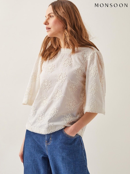 Monsoon Natural Harika Floral Print 100% Cotton Embroidered Top (H16922) | £55