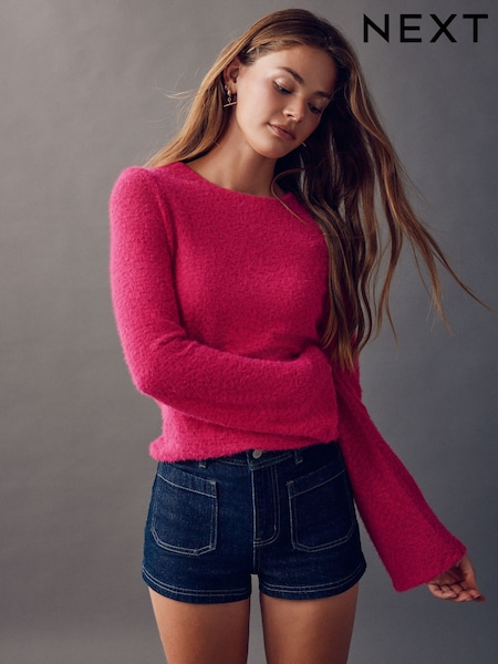 Rose Pink Fluffy Long Sleeve Crew Neck Jumper (H16957) | £25