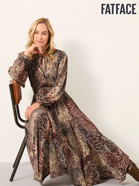 FatFace Jaqs Light Brown Layered Animal Midi Dress (H17075) | £72