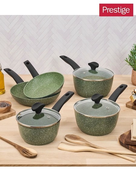 Prestige 5 Piece Green Eco Non Stick Induction Cookware 16 18 20cm Saucepans And 20cm 24cm Frypan Set (H17120) | £160