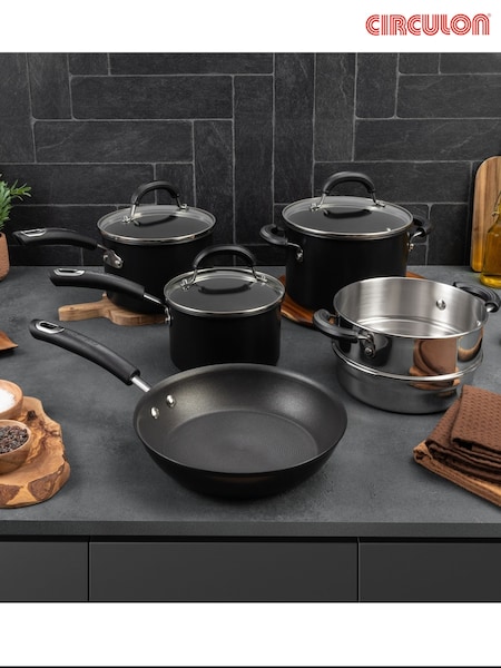 Circulon 5 Piece Black Total Hard Anodised Non Stick Set 14 16 SP 20cm Saucepot With Toughened Glass Lids 25cm Frying Pan 20cm Stainless Steel Steamer Insert (H17122) | £175