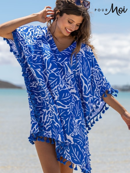 Pour Moi Blue Double Cloth Fringe Trim 100% Cotton Kaftan (H17185) | £39