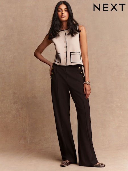 Chocolate Ponte Wide Leg Trousers With Gold Button Detailing (H17210) | £36