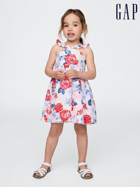 Gap White/Red Floral Linen-Cotton Flutter V-Neck Dress (6mths-5yrs) (H17359) | £30