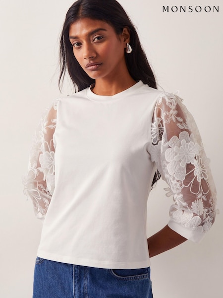 Monsoon Natural Fi Floral Print Sheer-Sleeve Top (H17373) | £0