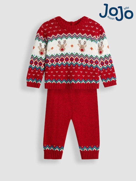 JoJo Maman Bébé Red Reindeer 2-Piece Christmas Fair Isle Jumper & Leggings Set (H17551) | £34 - £36