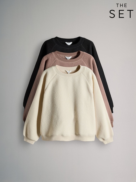 The Set Chocolate Brown/Cream/Taupe 3 Pack Cosy Borg Crew Neck Fleeces (H17562) | £31.50