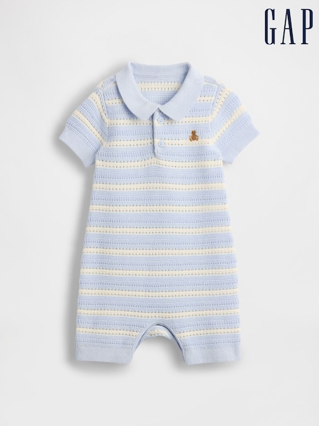 Gap Baby Blue/White Stripe Brannan Bear Baby Polo Jumper Shorty Rompersuit (Newborn-24mths) (H17571) | £25