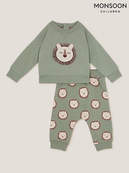 Monsoon Green Newborn Lion Print 100% Cotton Jumper and Leggings Set (H17575) | £25