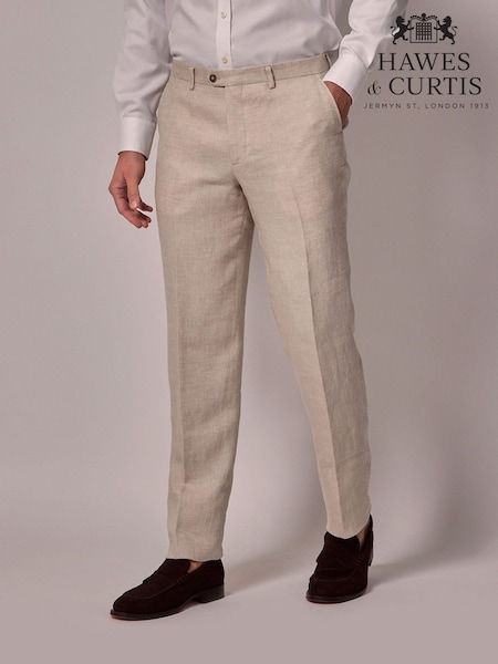 Hawes & Curtis Cream Tailored Italian 100% Cotton Hemmed Trousers (H17655) | £180