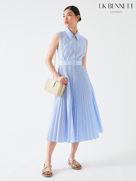 LK Bennett Blue Hally Blend Sleeveless Pleated Stripe Dress (H17712) | £249