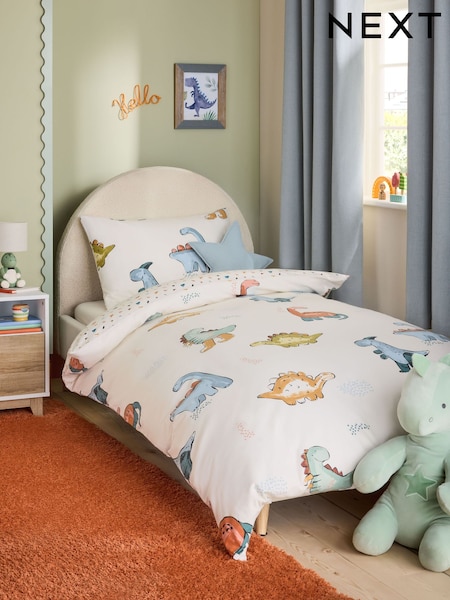 Cream Dinosaur Supersoft Brushed Cotton Duvet Cover and Pillowcase Set (H17768) | £27 - £30