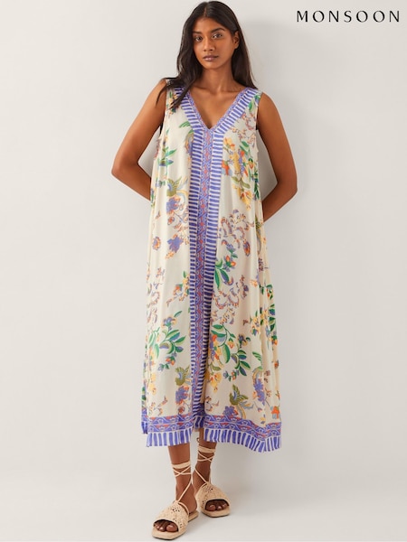 Monsoon Natural Kaia Floral Print Midi Dress (H17833) | £75