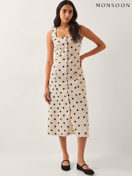 Monsoon Natural Isabel Polka Dot Midi Dress (H17835) | £85