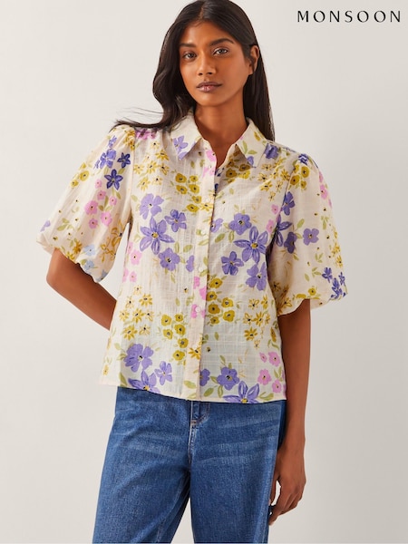 Monsoon Natural Madeline Floral Print Puff Sleeve Shirt (H17843) | £59