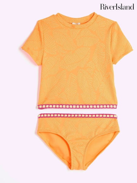 River Island Orange Girls Palm Textured T-Shirt Bikini (H17881) | £19