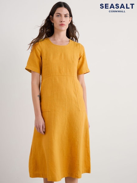 Seasalt Cornwall Yellow Petite Grass Wave 100% Linen Midi Dress (H17990) | £90