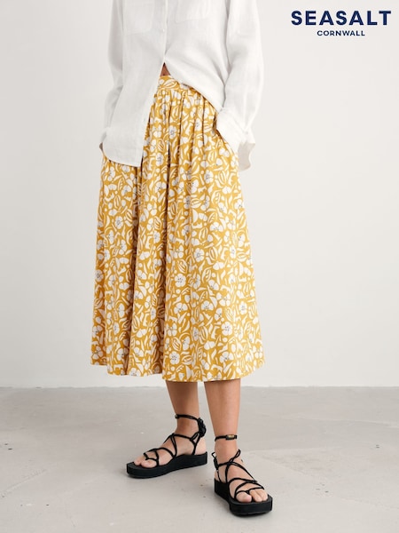 Seasalt Cornwall Yellow Ready Sail Printed Jersey Midi Skirt (H17993) | £56