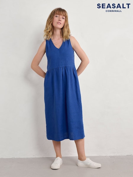 Seasalt Cornwall Blue Petite Petite Lowland Heather Sleeveless 100% Linen Dress (H17998) | £90