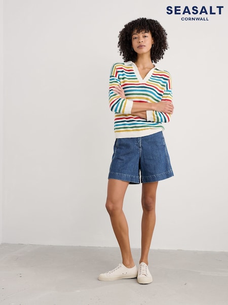 Seasalt Cornwall Blue/Yellow Gwynver Lightweight V-Neck Collared Jumper (H18000) | £70