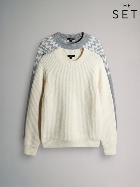 The Set Grey /Ecru 2 Pack Fairisle and Plain Crew Neck Jumper (H18141) | £33