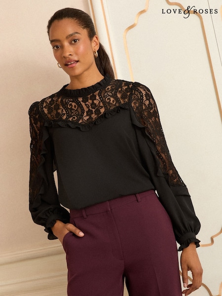 Love & Roses Black Crew Neck Lace Yoke Long Sleeve Blouse (H18247) | �£40