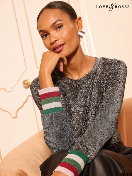 Love & Roses Black Sparkly Rainbow Cuff Jersey Top (H18248) | £32