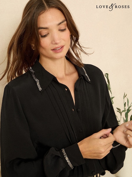 Love & Roses Black Scallop Button Through Long Sleeve Shirt (H18281) | £42