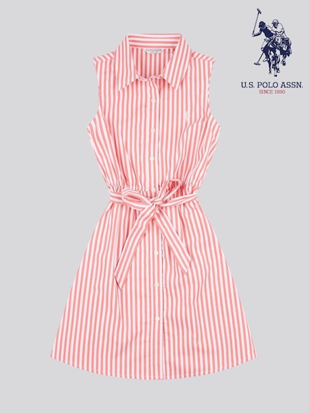 U.S. Polo Assn. Pink Girls Striped Sleeveless 100% Organic Cotton Shirt Dress (H18314) | £60 - £72