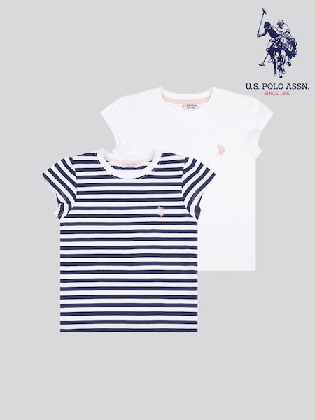 U.S. Polo Assn. Blue Girls Double Horsemen Mixed Cap Sleeve 100% Cotton T-Shirts 2 Pack (H18315) | £30 - £36