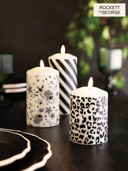 Rockett St George 3 Pack Cream/Black Real Wax Printed LED Candles (H18322) | £19