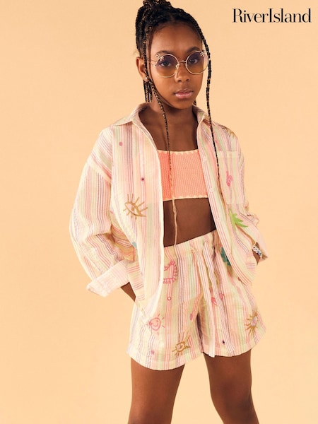 River Island Pink Girls Stripe Embroid Shirt set (H18449) | £30