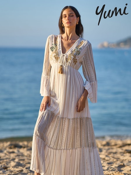 Yumi White Metallic Embellished Maxi Dress With Long Sleeves (H18494) | £75