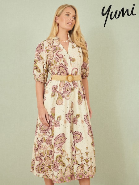 Yumi Pink Paisley Print Broderie Anglaise 100% Cotton Midi Dress (H18508) | £80