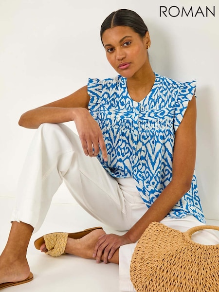Roman Blue Abstract Print Pleated Sleeve Blouse (H18624) | £36