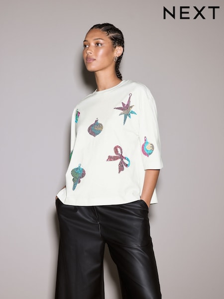 Ecru Christmas Festive Sequin Short Sleeve T-Shirt (H18625) | £22