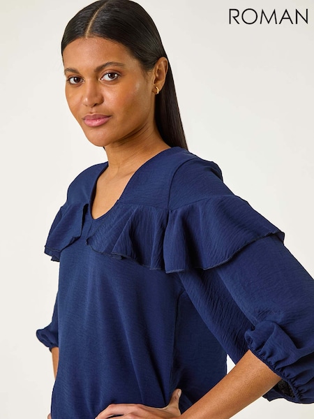 Roman Blue Frill Front Woven Top (H18652) | £36