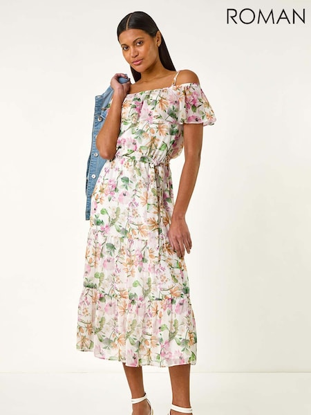 Roman White Floral Print Bardot Midi Dress (H18661) | £68